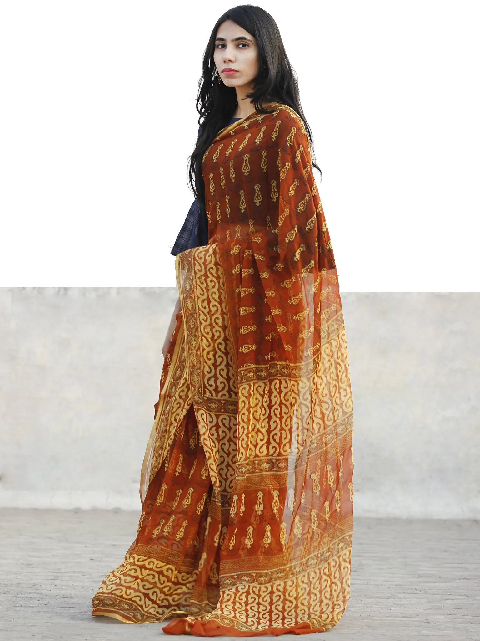 Rust and Yellow Hand Block Printed Chiffon Saree with Zari border- S031702724