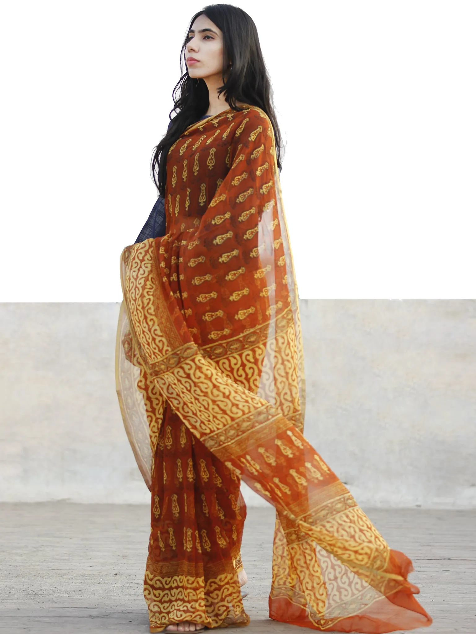 Rust and Yellow Hand Block Printed Chiffon Saree with Zari border- S031702724