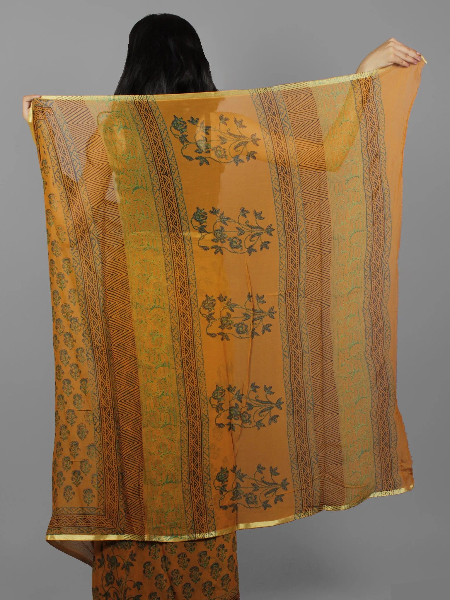 Rust Green Blue Hand Block Printed Chiffon Saree - S031702113