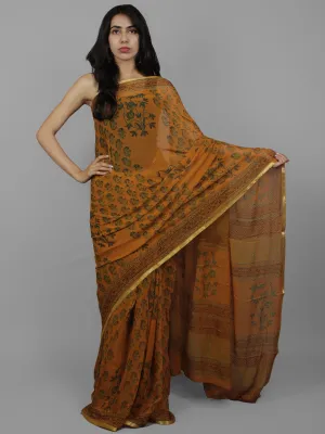 Rust Green Blue Hand Block Printed Chiffon Saree - S031702113