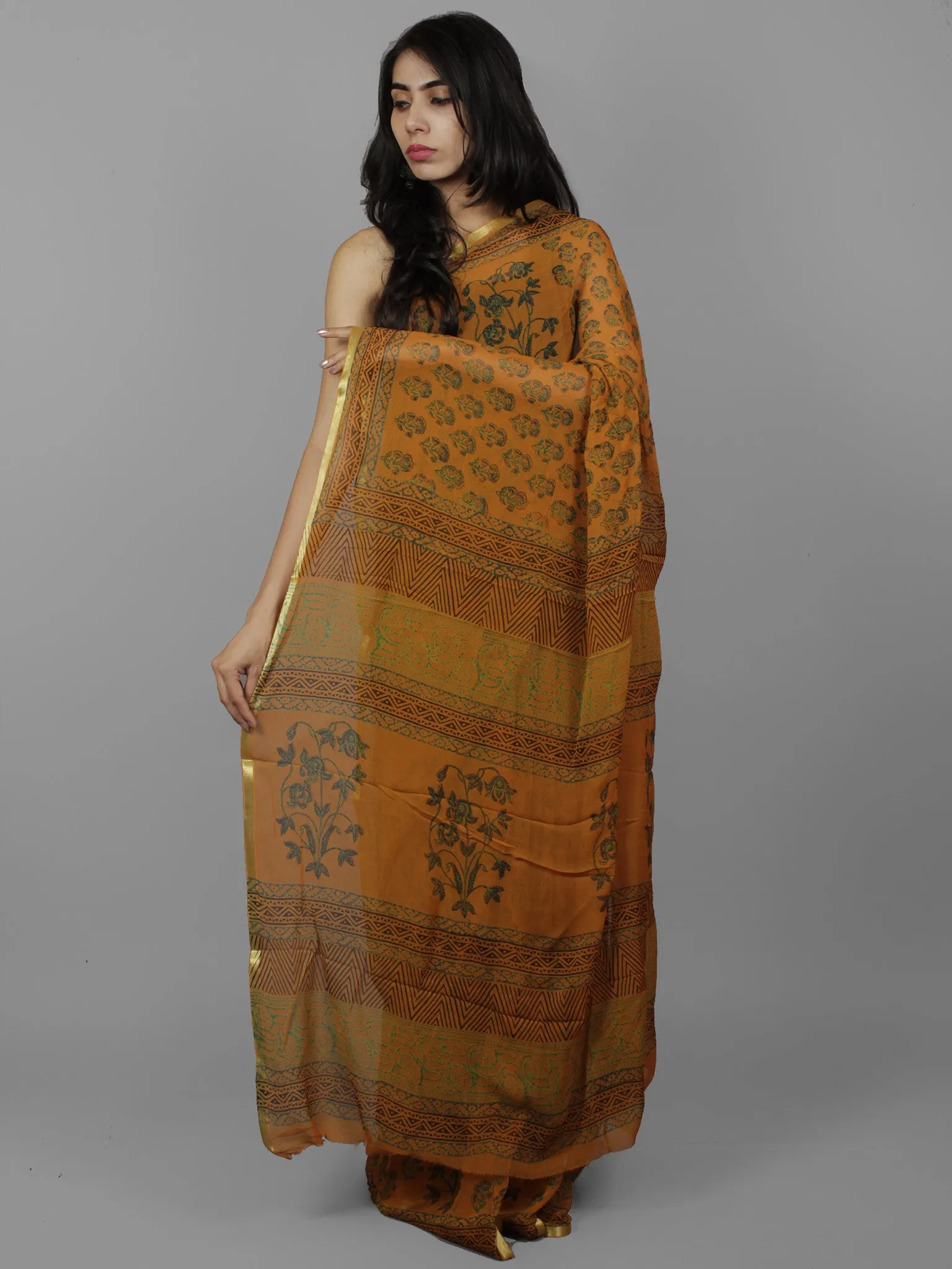 Rust Green Blue Hand Block Printed Chiffon Saree - S031702113