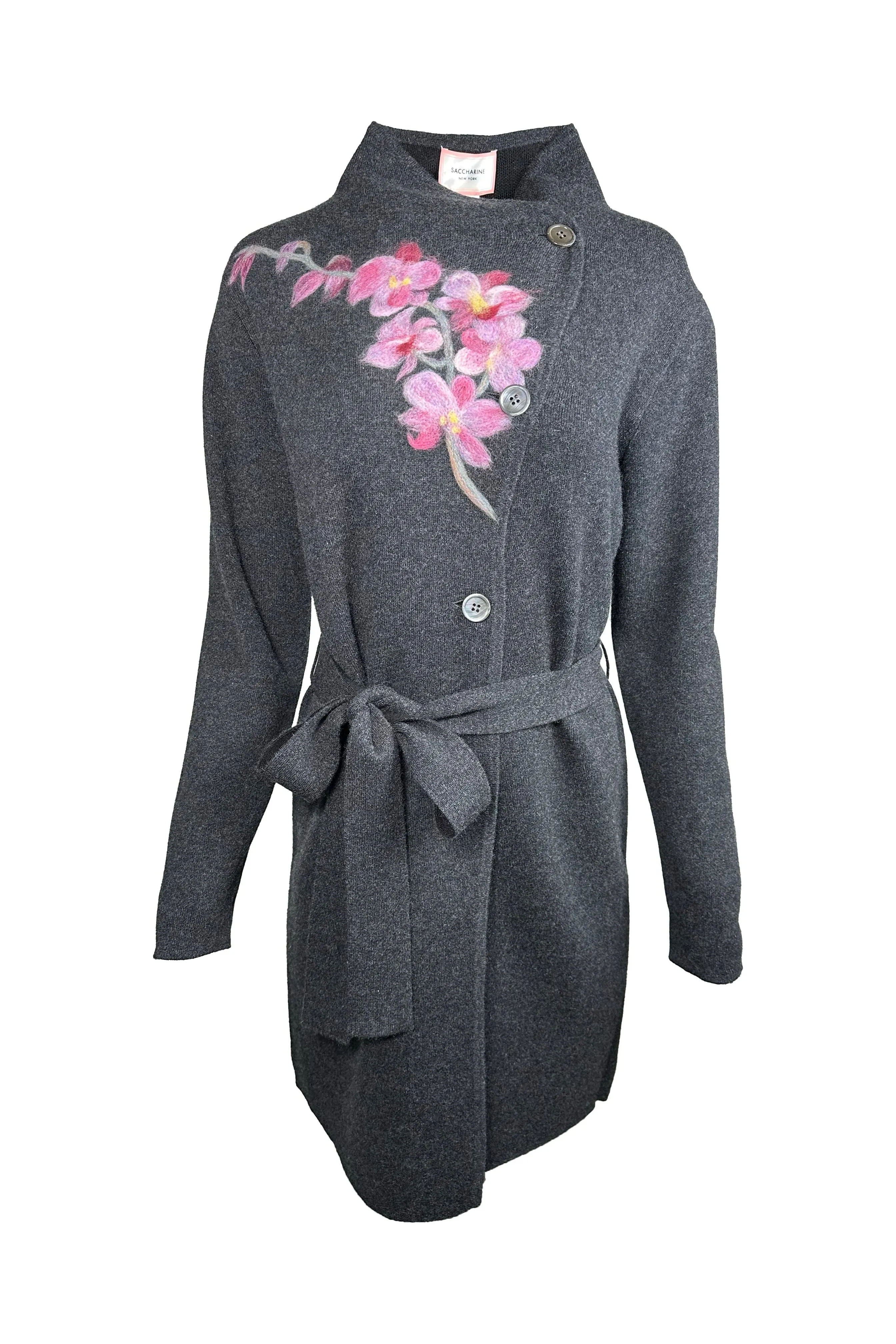 Saccharine New York Cashmere Blend Asymmetrical Wrap Coat FW24-108 / Wild Orchid Floral Motif / Wall Street