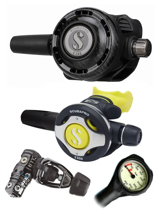 Scubapro Regulator Set: MK25 Evo Black Tech (DIN or Yoke) / G260 Carbon / Octopus & Free Termo Gauge