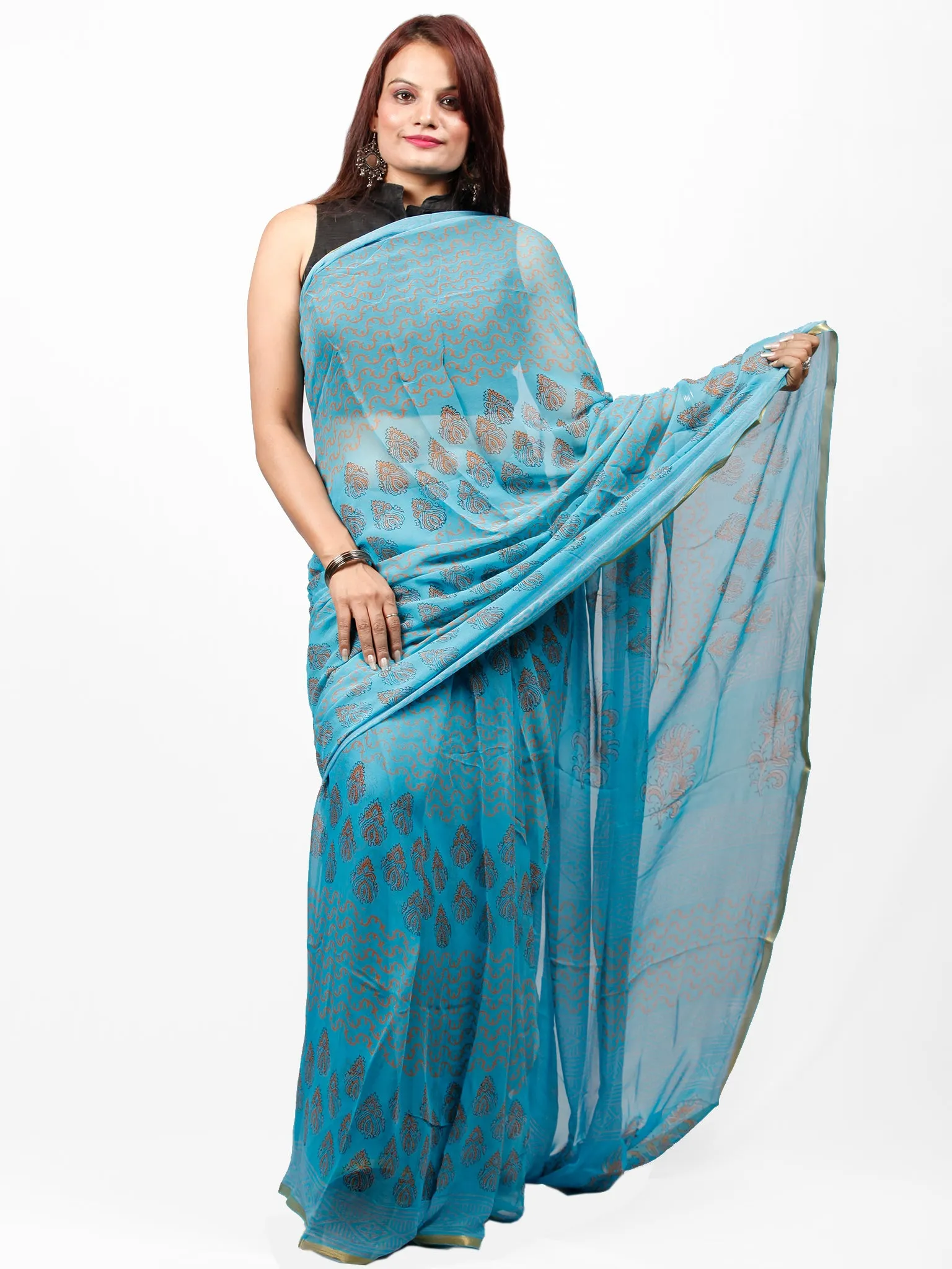 Sky Blue Coral  Hand Block Printed Chiffon Saree with Zari Border - S031703431