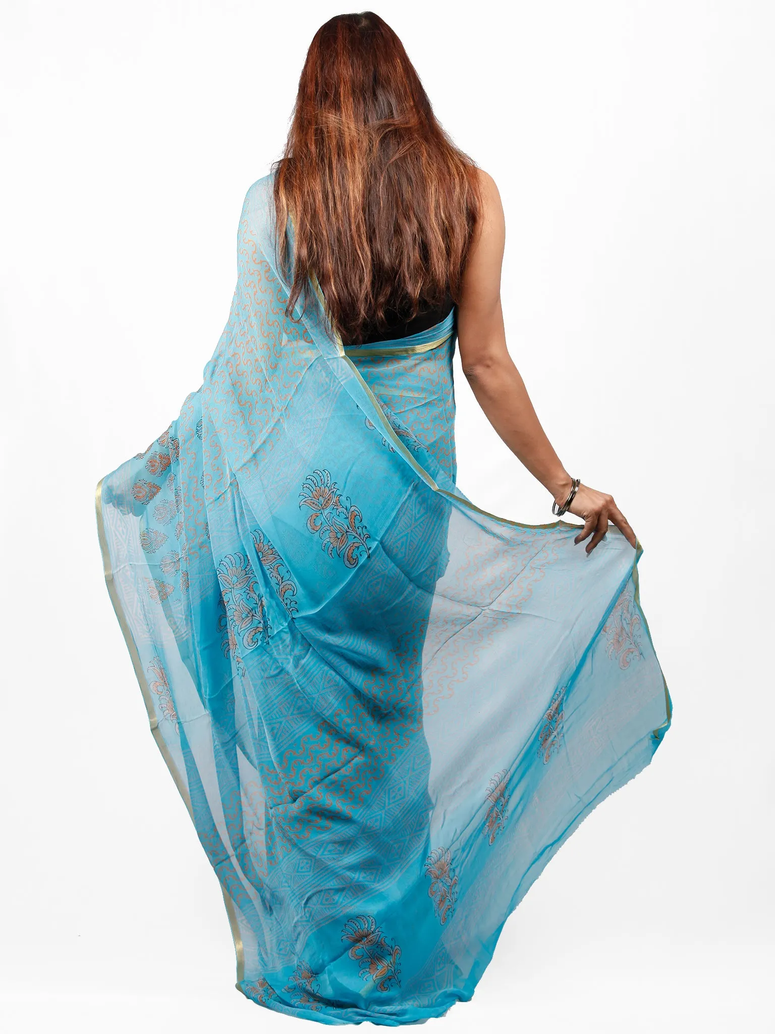 Sky Blue Coral  Hand Block Printed Chiffon Saree with Zari Border - S031703431