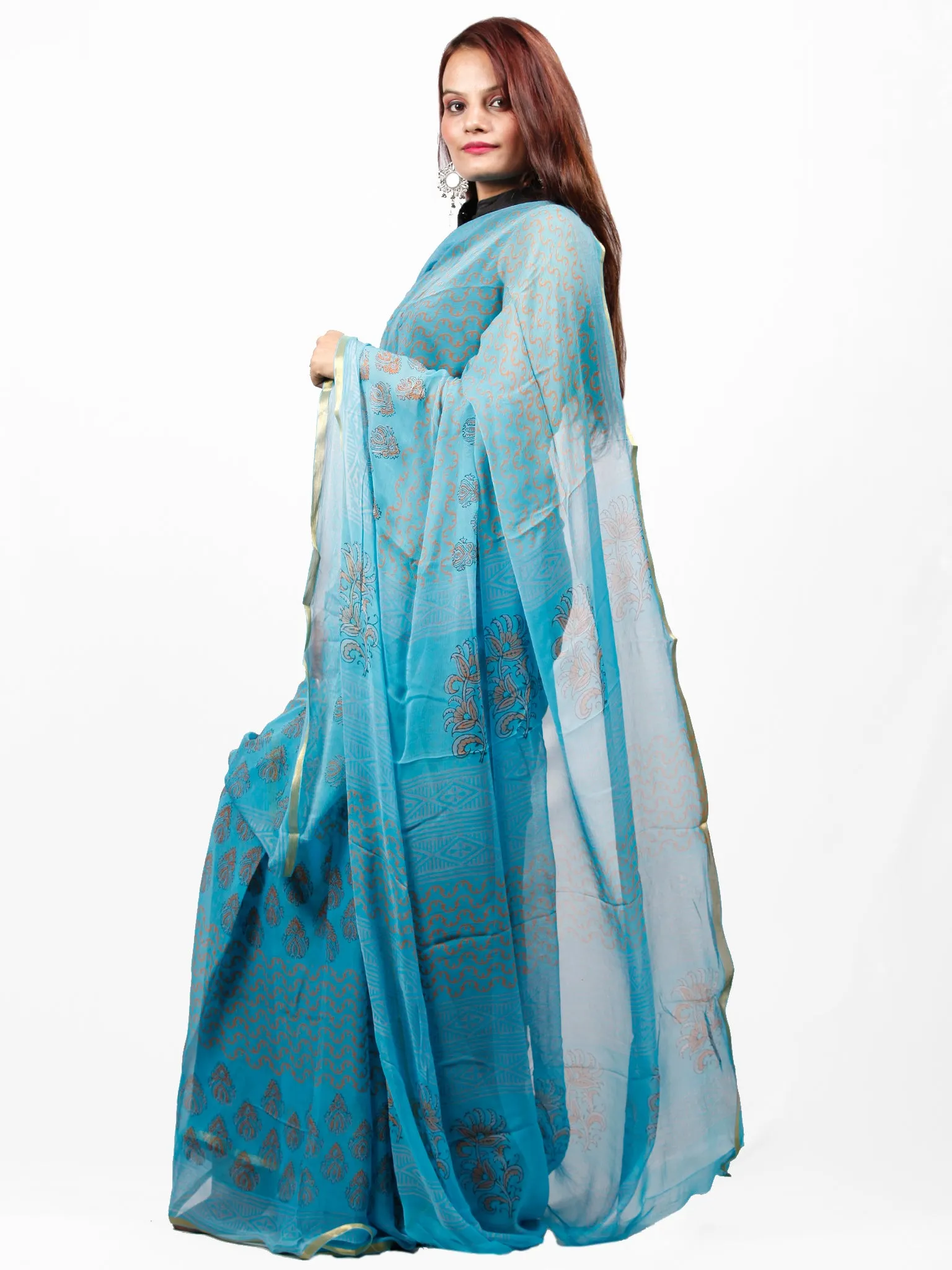 Sky Blue Coral  Hand Block Printed Chiffon Saree with Zari Border - S031703431