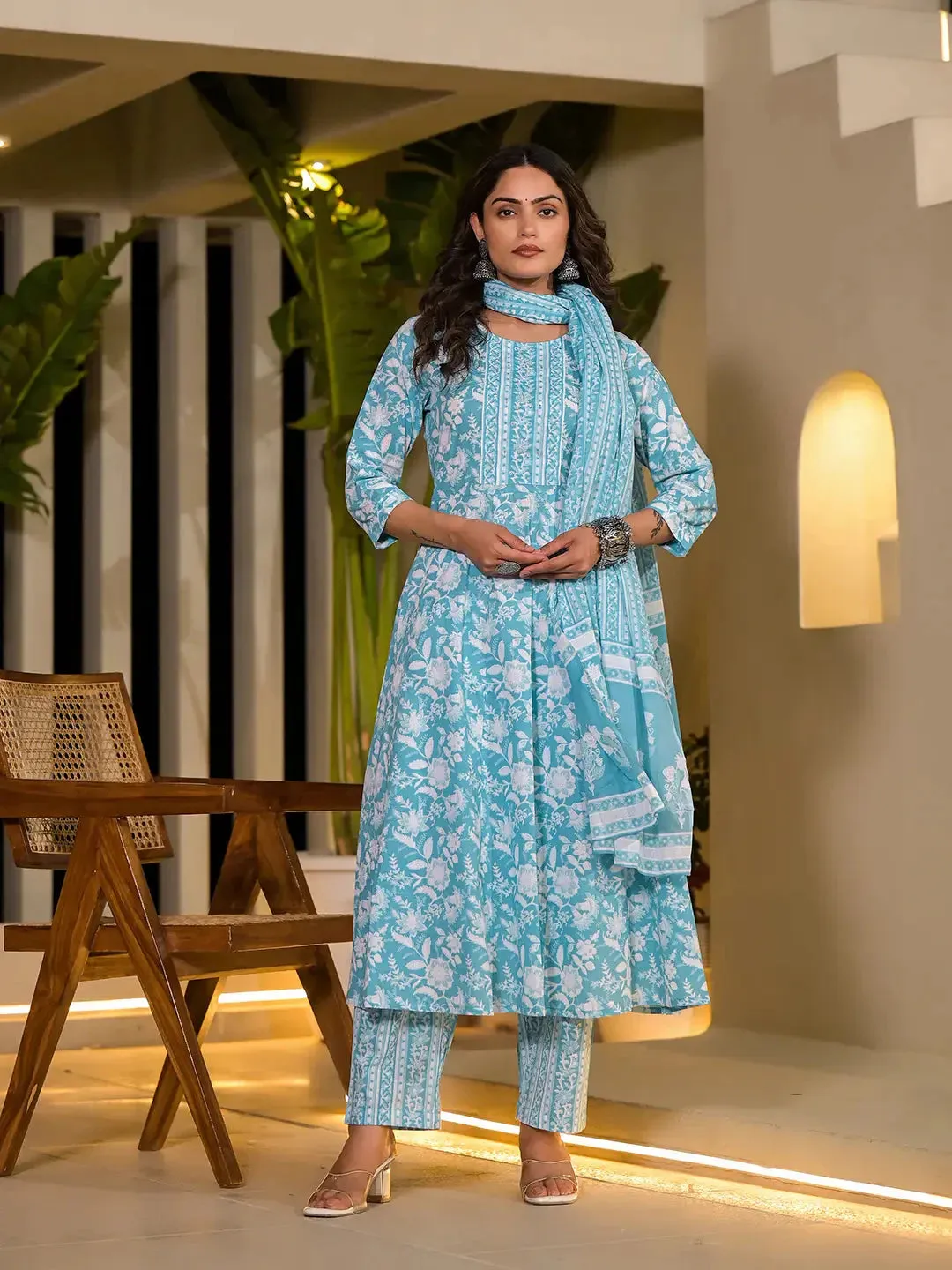 Sky Blue Cotton Anarkali Style Sequins_Work Kurta With Trousers And Dupatta Set