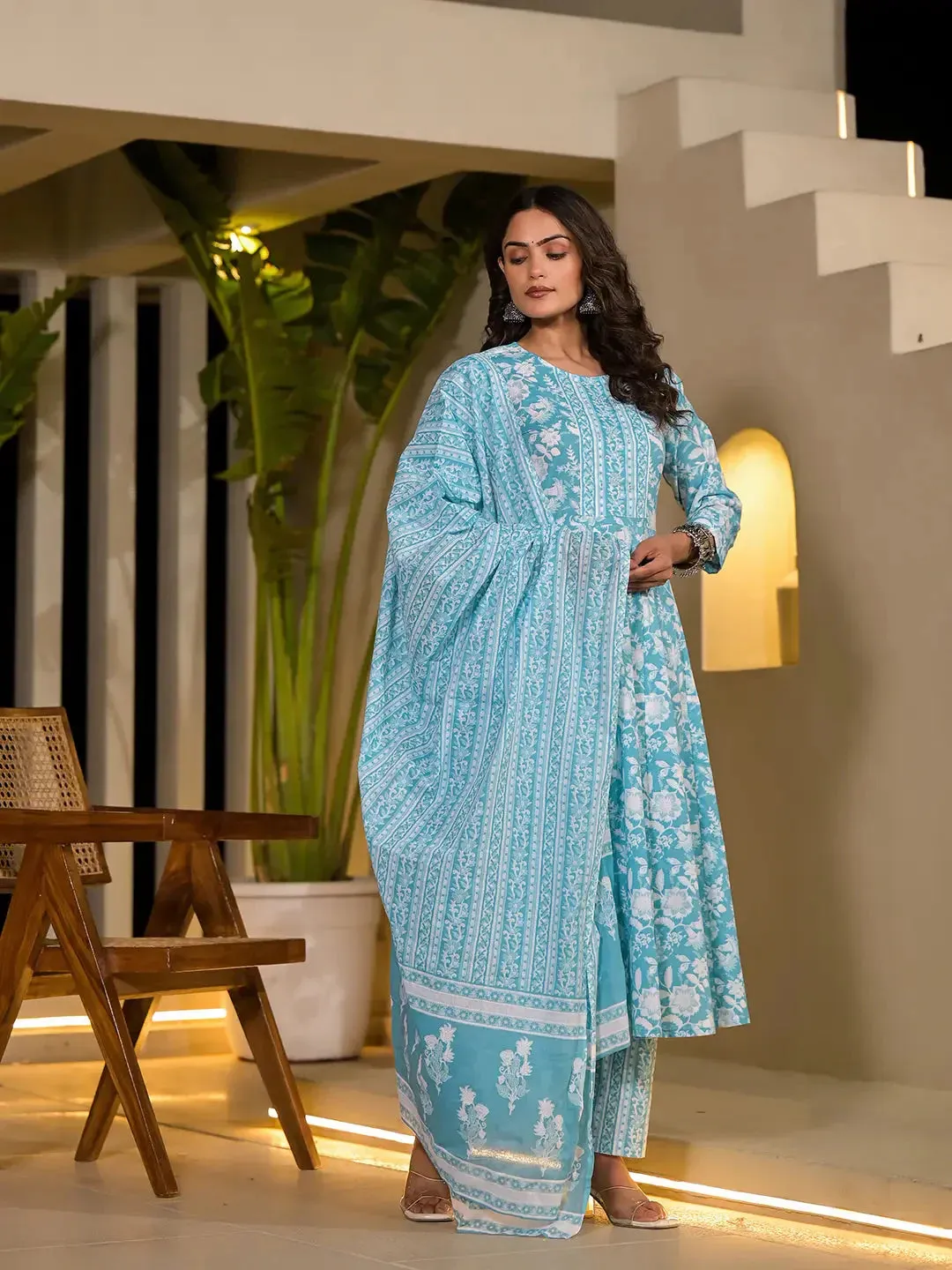 Sky Blue Cotton Anarkali Style Sequins_Work Kurta With Trousers And Dupatta Set