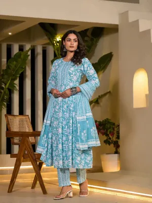 Sky Blue Cotton Anarkali Style Sequins_Work Kurta With Trousers And Dupatta Set