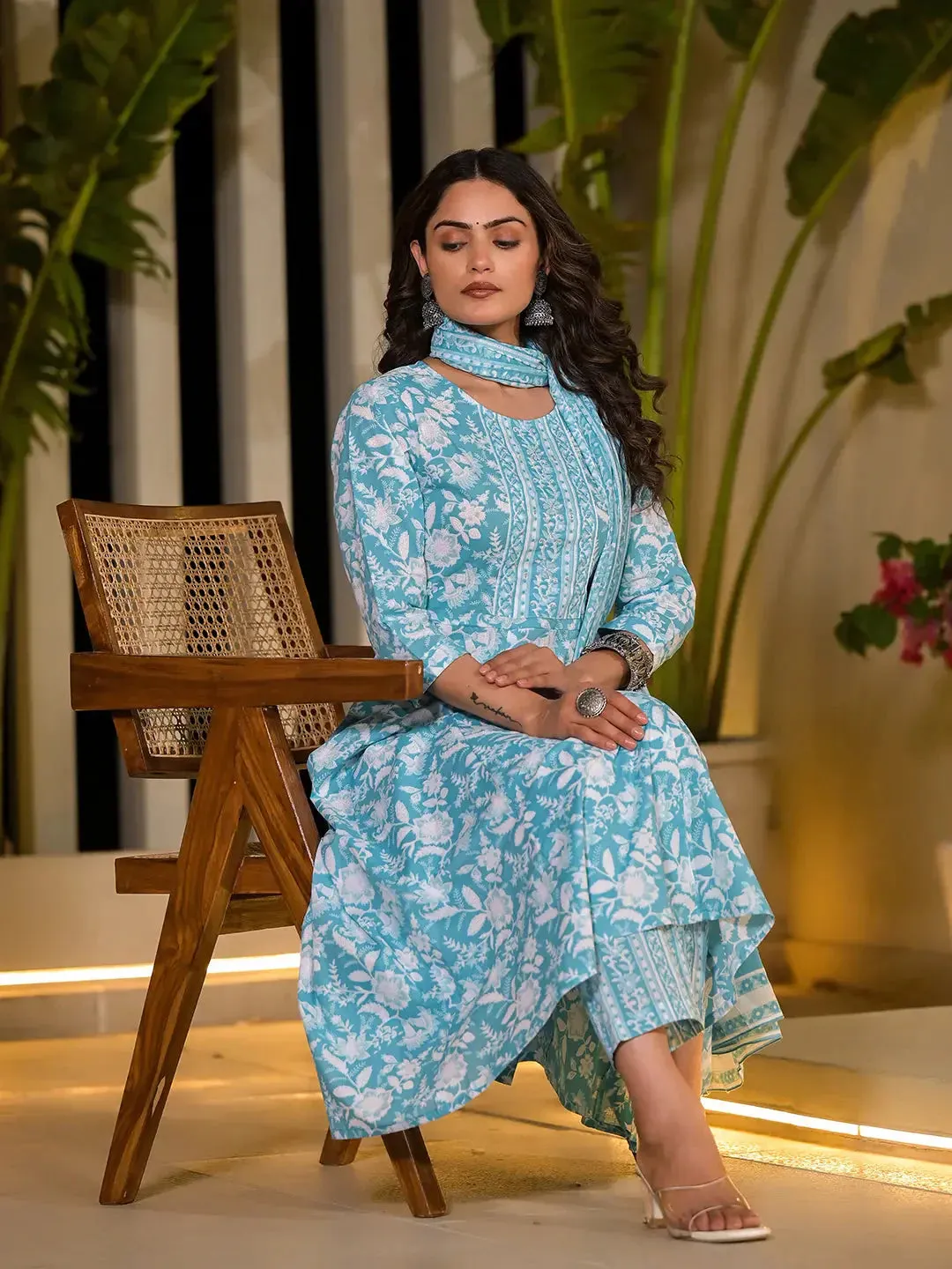 Sky Blue Cotton Anarkali Style Sequins_Work Kurta With Trousers And Dupatta Set