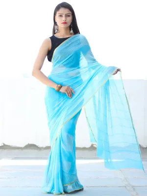 Sky Blue White Hand Block Printed Chiffon Saree with Zari Border - S031703921