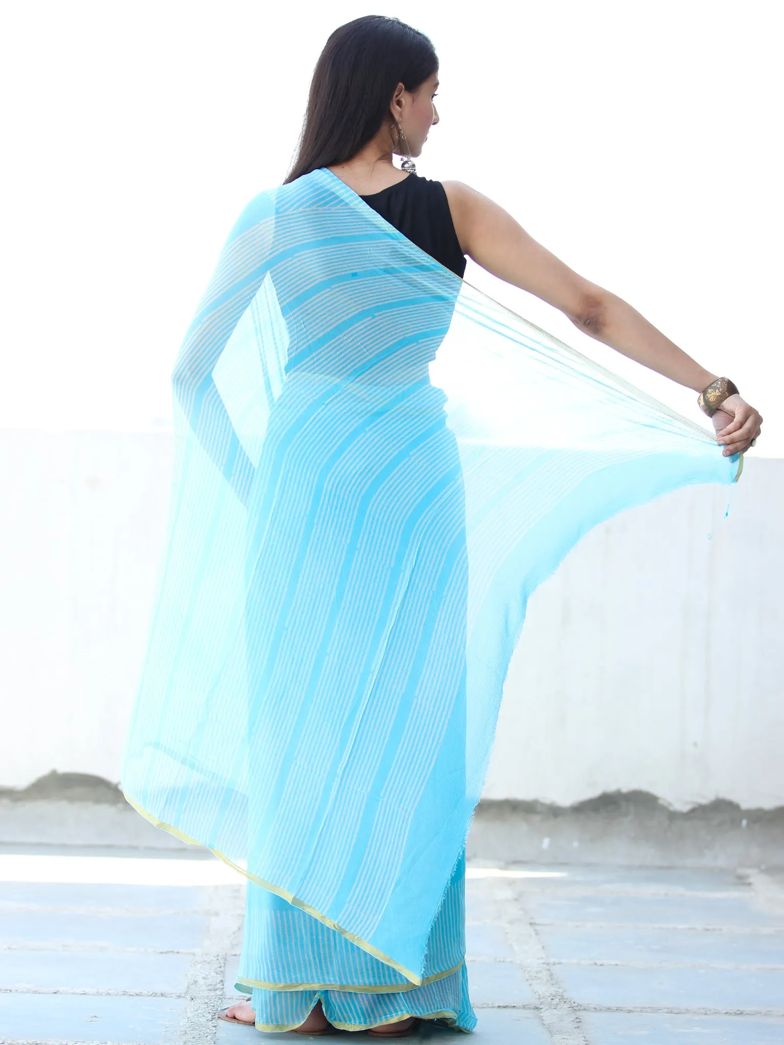 Sky Blue White Hand Block Printed Chiffon Saree with Zari Border - S031703921