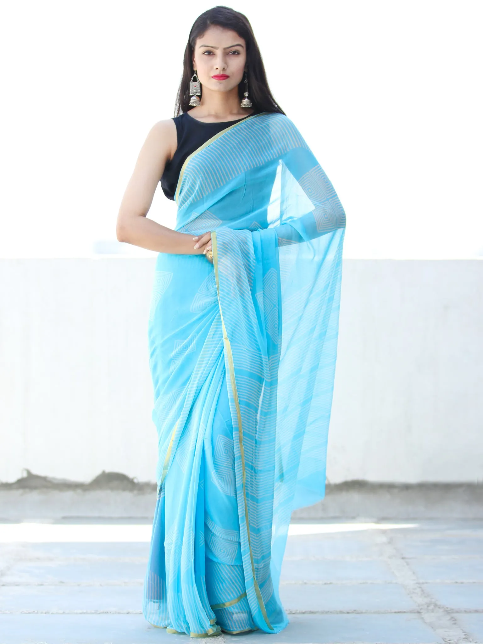 Sky Blue White Hand Block Printed Chiffon Saree with Zari Border - S031703921