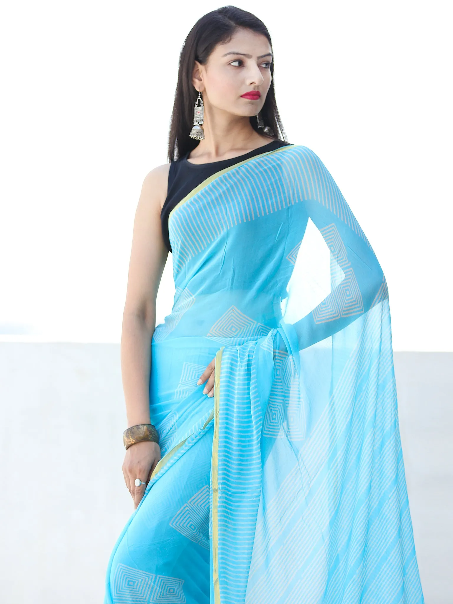 Sky Blue White Hand Block Printed Chiffon Saree with Zari Border - S031703921