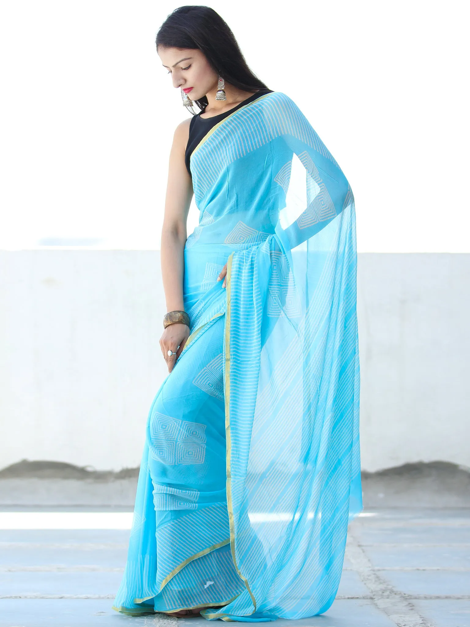 Sky Blue White Hand Block Printed Chiffon Saree with Zari Border - S031703921