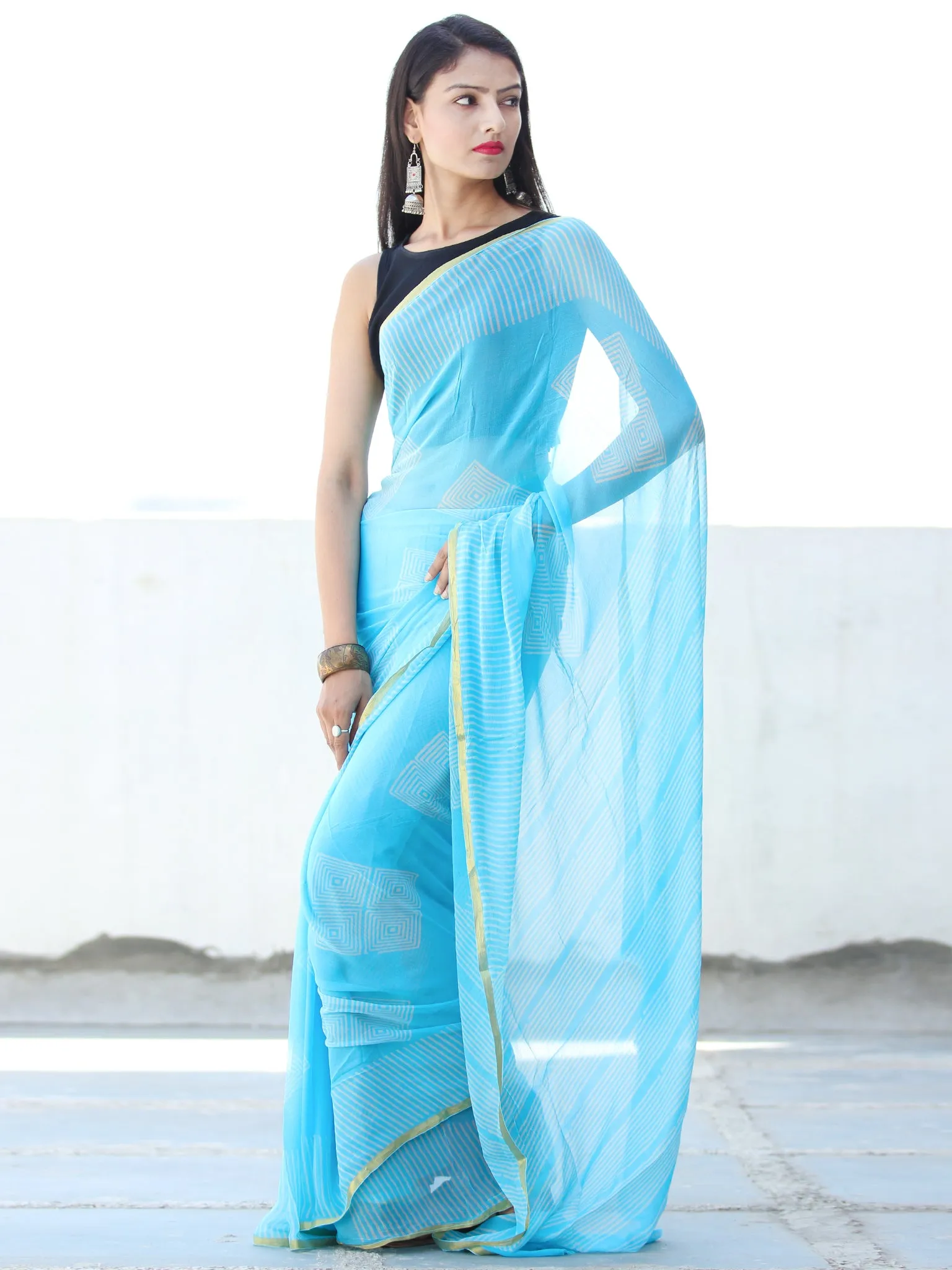 Sky Blue White Hand Block Printed Chiffon Saree with Zari Border - S031703921