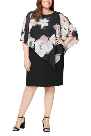 SL Fashion boat neck embellished shoulder asymmetrical multi print chiffon overlay jersey dress (Plus Size)