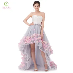 Sleeveless Short Front Long Back Lace Flower Evening Dress