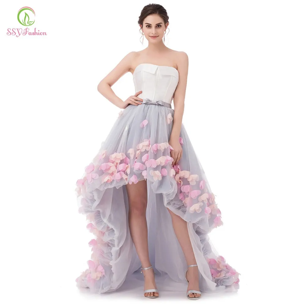 Sleeveless Short Front Long Back Lace Flower Evening Dress