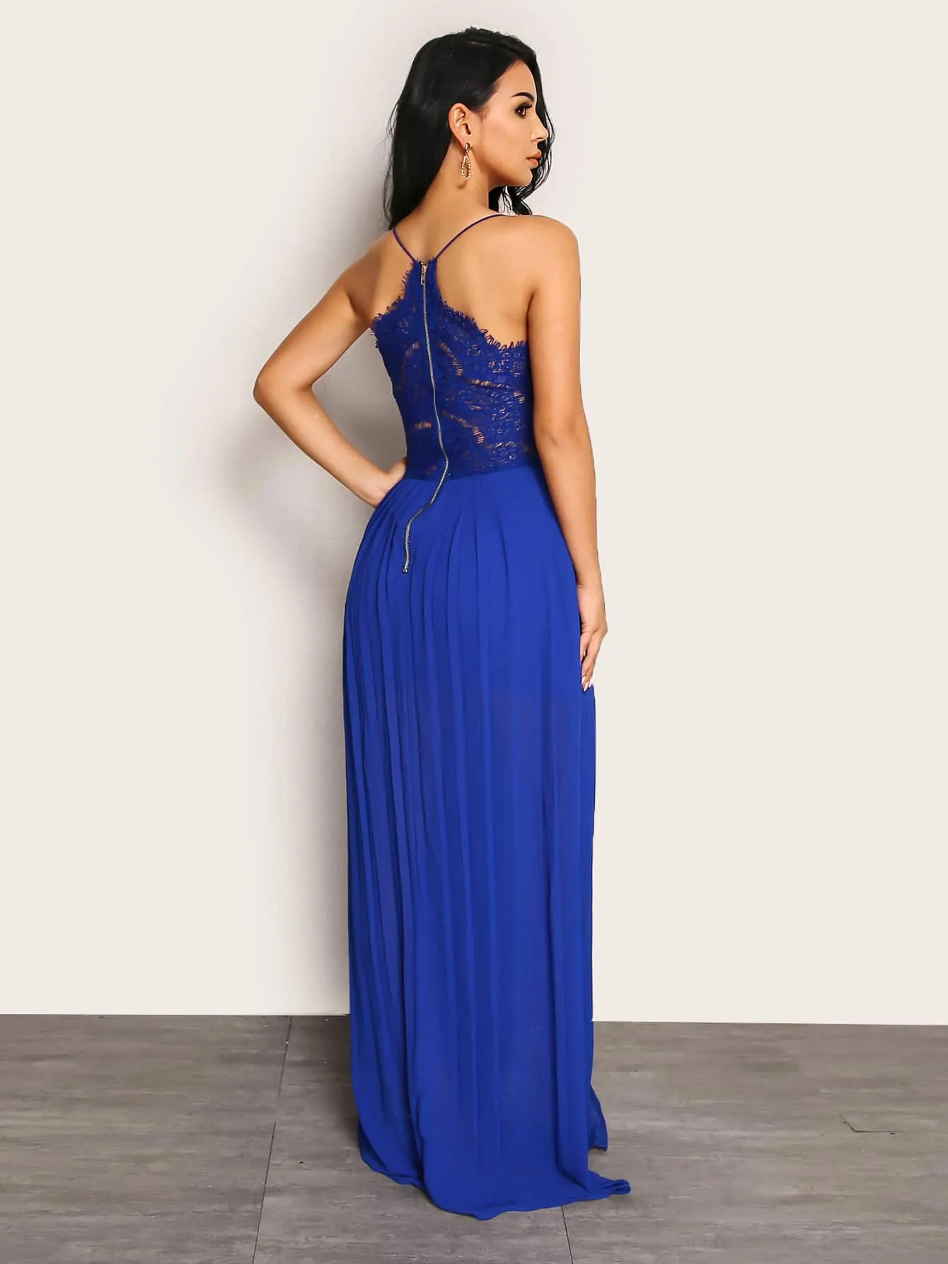 Spaghetti Strap Spliced Lace Split Maxi Dress