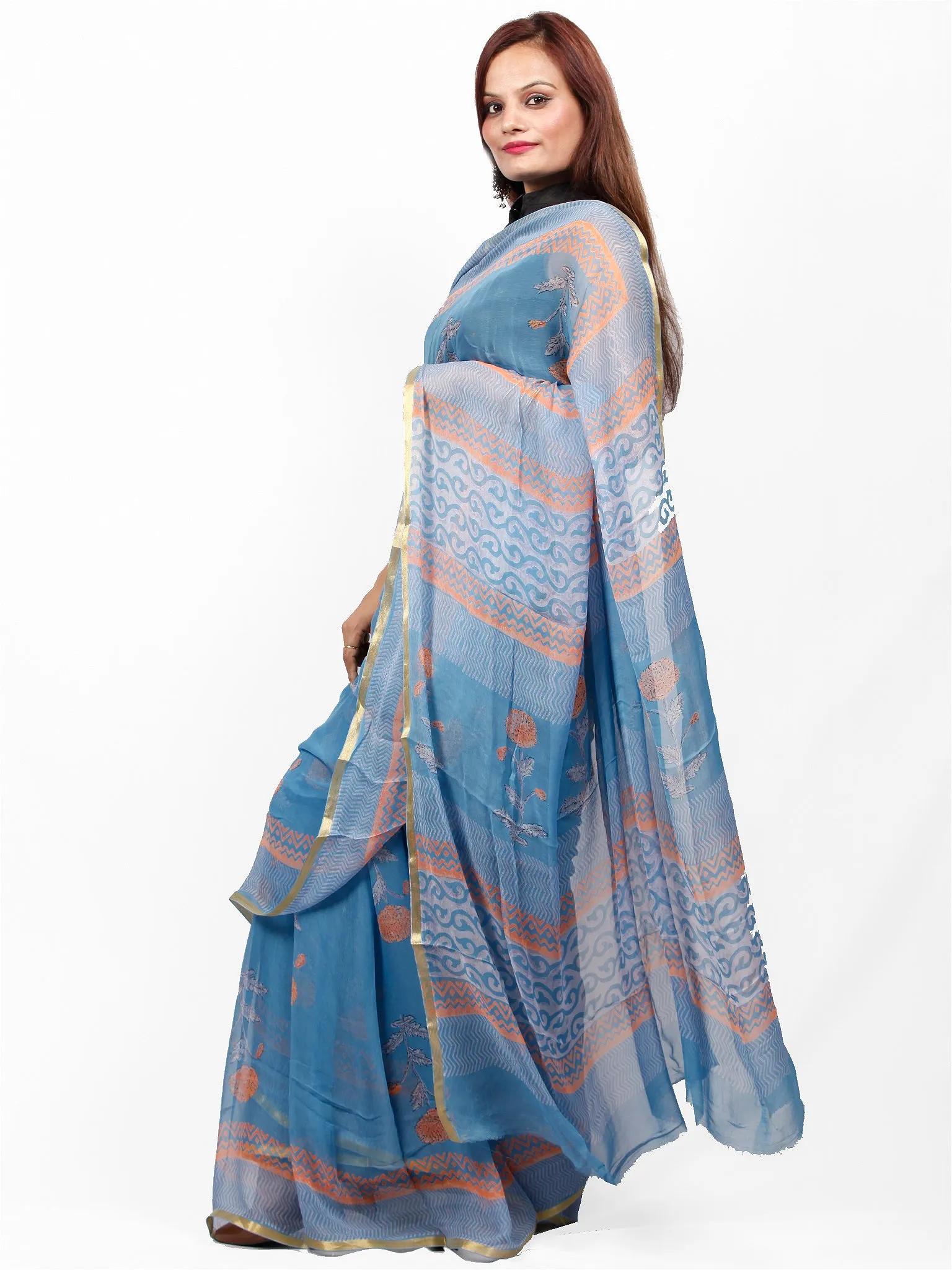 Steel Blue Peach Hand Block Printed Chiffon Saree with Zari Border - S031703423