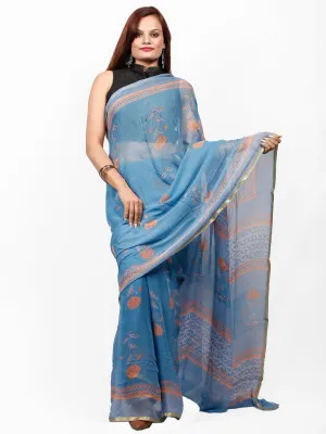 Steel Blue Peach Hand Block Printed Chiffon Saree with Zari Border - S031703423