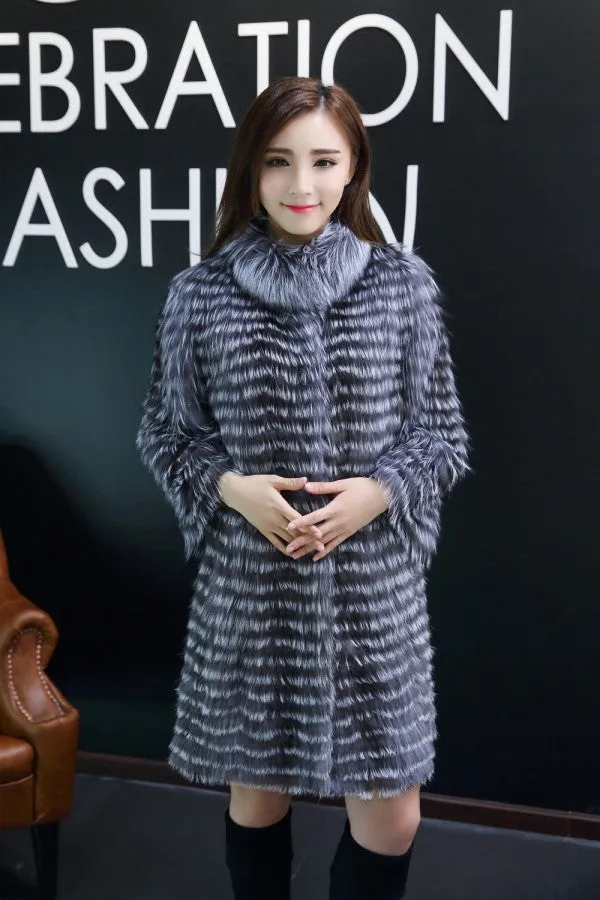 Striped Silver Fox Fur Coat