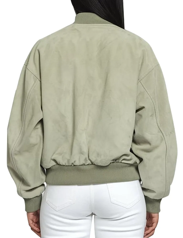 Stylish Sage Green Suede Bomber Jacket For Women