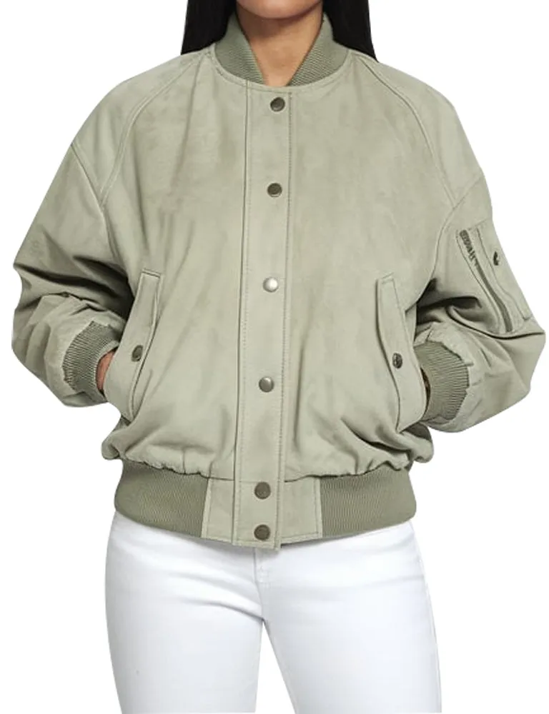 Stylish Sage Green Suede Bomber Jacket For Women