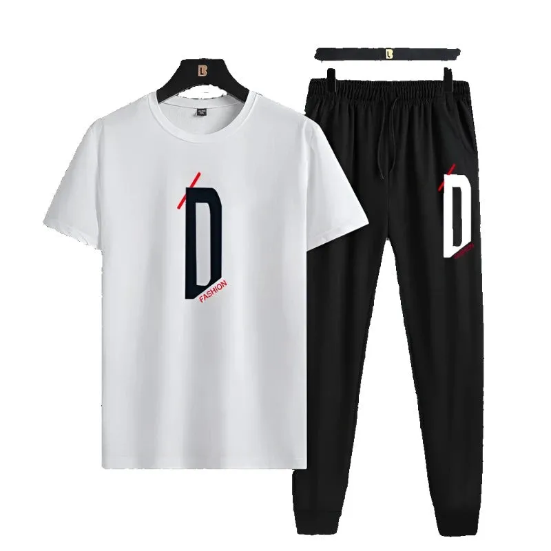 Summer sports and leisure set short sleeved T-shirt trendy slim fit two-piece set