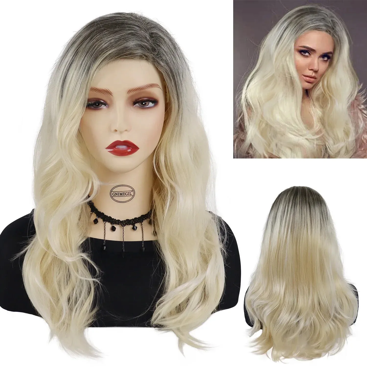 Synthetic Long Blonde Wigs for White Women Dark Roots Curly Wig Wavy Hairstyles Natural Wigs Cosplay Carnival Party Drag Queen