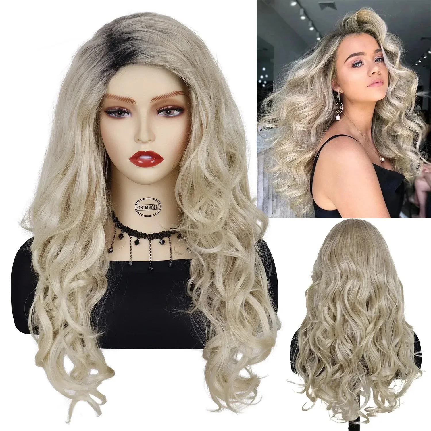 Synthetic Long Blonde Wigs for White Women Dark Roots Curly Wig Wavy Hairstyles Natural Wigs Cosplay Carnival Party Drag Queen