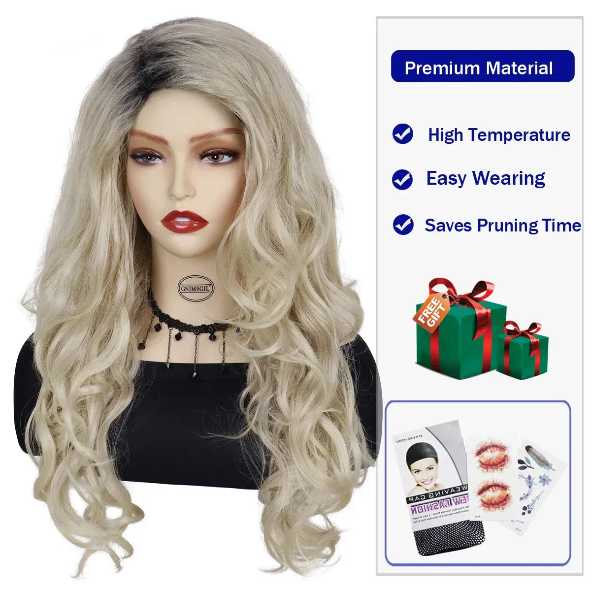 Synthetic Long Blonde Wigs for White Women Dark Roots Curly Wig Wavy Hairstyles Natural Wigs Cosplay Carnival Party Drag Queen