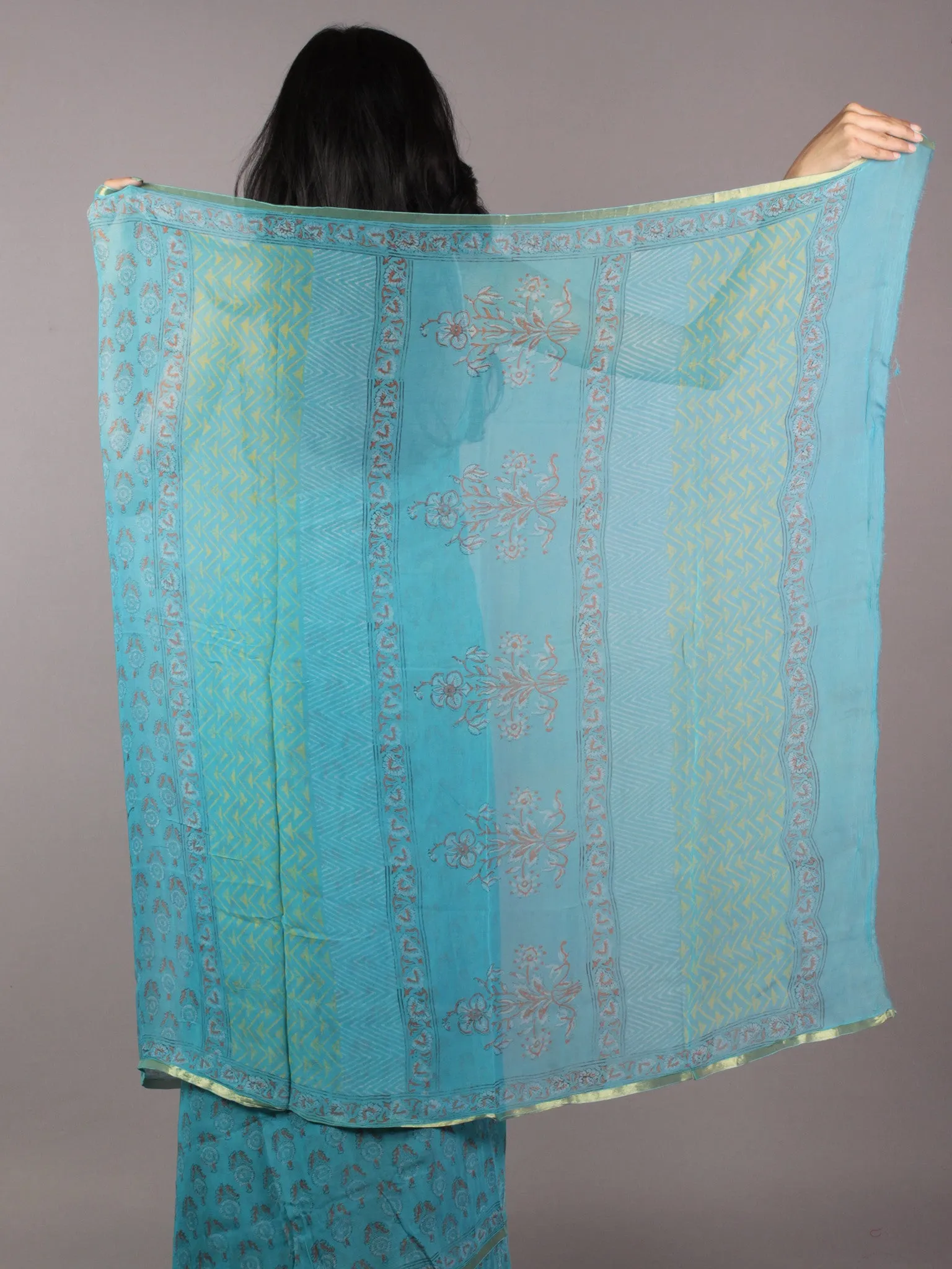 Teal Blue Maroon Ivory Hand Block Printed Chiffon Saree - S031701823