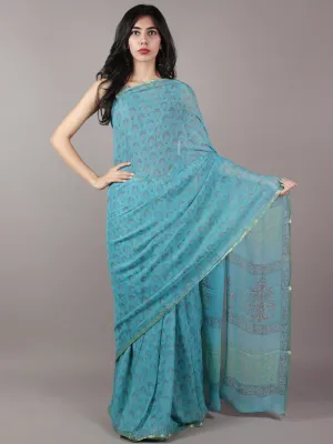 Teal Blue Maroon Ivory Hand Block Printed Chiffon Saree - S031701823