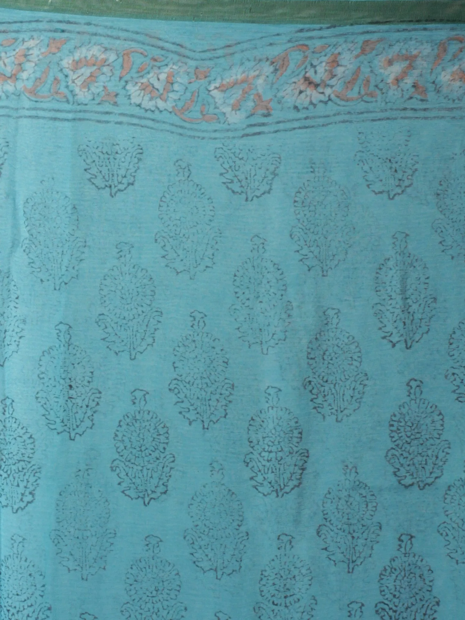 Teal Blue Maroon Ivory Hand Block Printed Chiffon Saree - S031701823