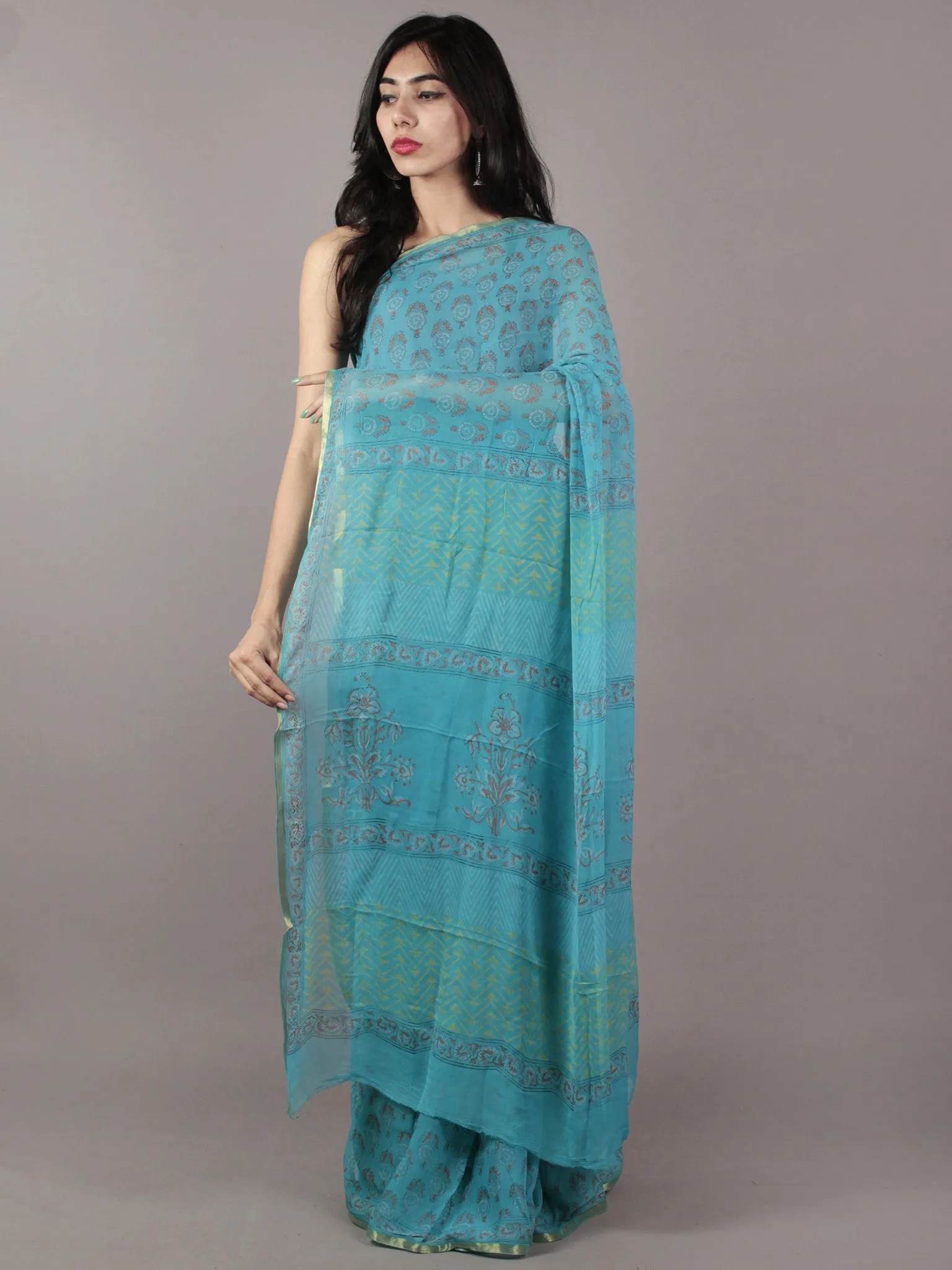 Teal Blue Maroon Ivory Hand Block Printed Chiffon Saree - S031701823