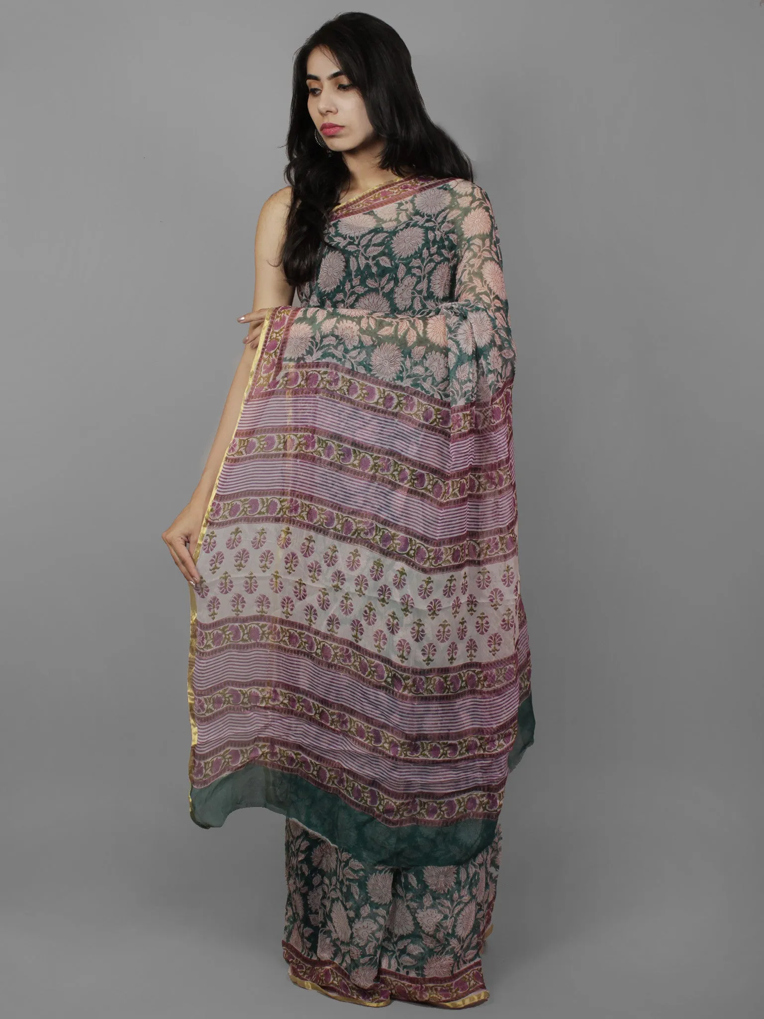 Teal Green Ivory Magenta Hand Block Printed Chiffon Saree - S031702105