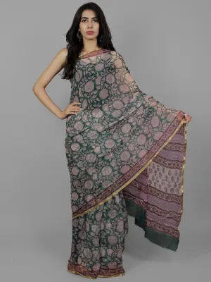 Teal Green Ivory Magenta Hand Block Printed Chiffon Saree - S031702105