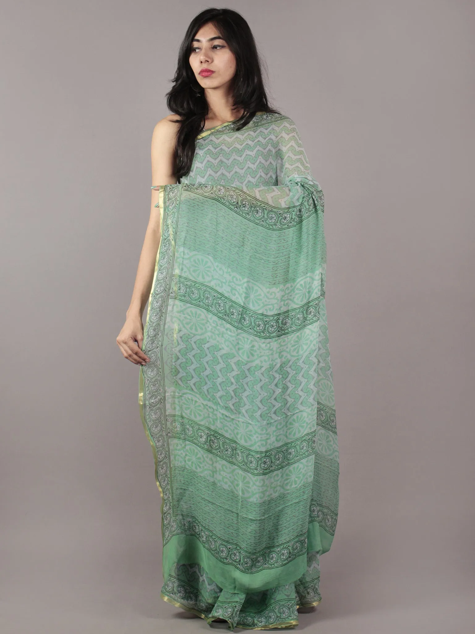 Teal Green Off White Grey Hand Block Printed Chiffon Saree - S031701859