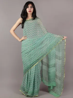 Teal Green Off White Grey Hand Block Printed Chiffon Saree - S031701859