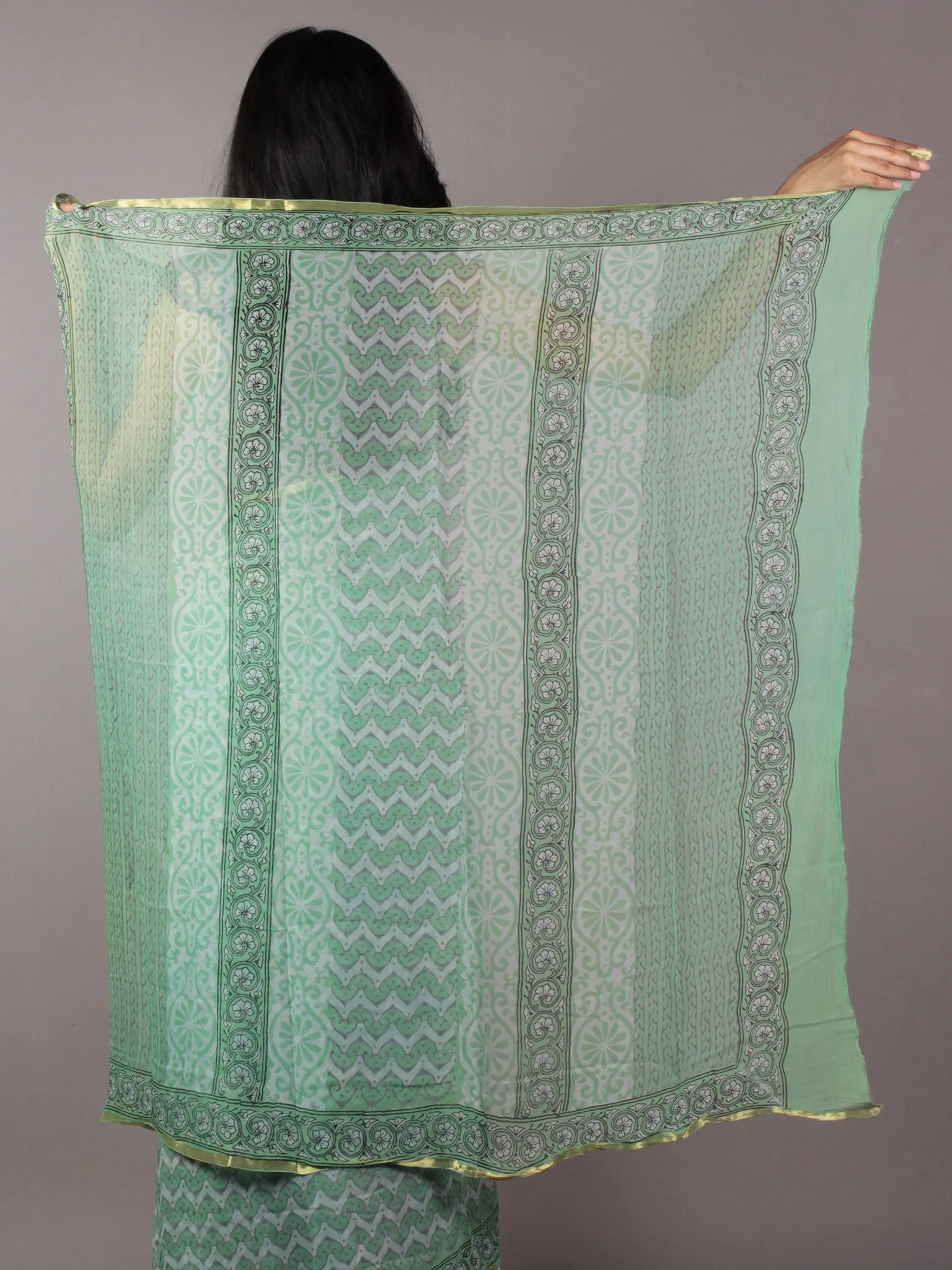 Teal Green Off White Grey Hand Block Printed Chiffon Saree - S031701859