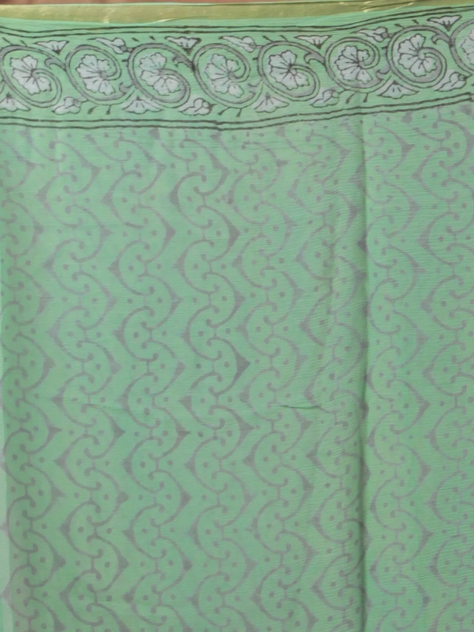 Teal Green Off White Grey Hand Block Printed Chiffon Saree - S031701859