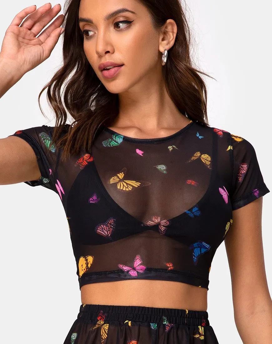 Tiney Crop Top Tee in Mesh Black Butterfly