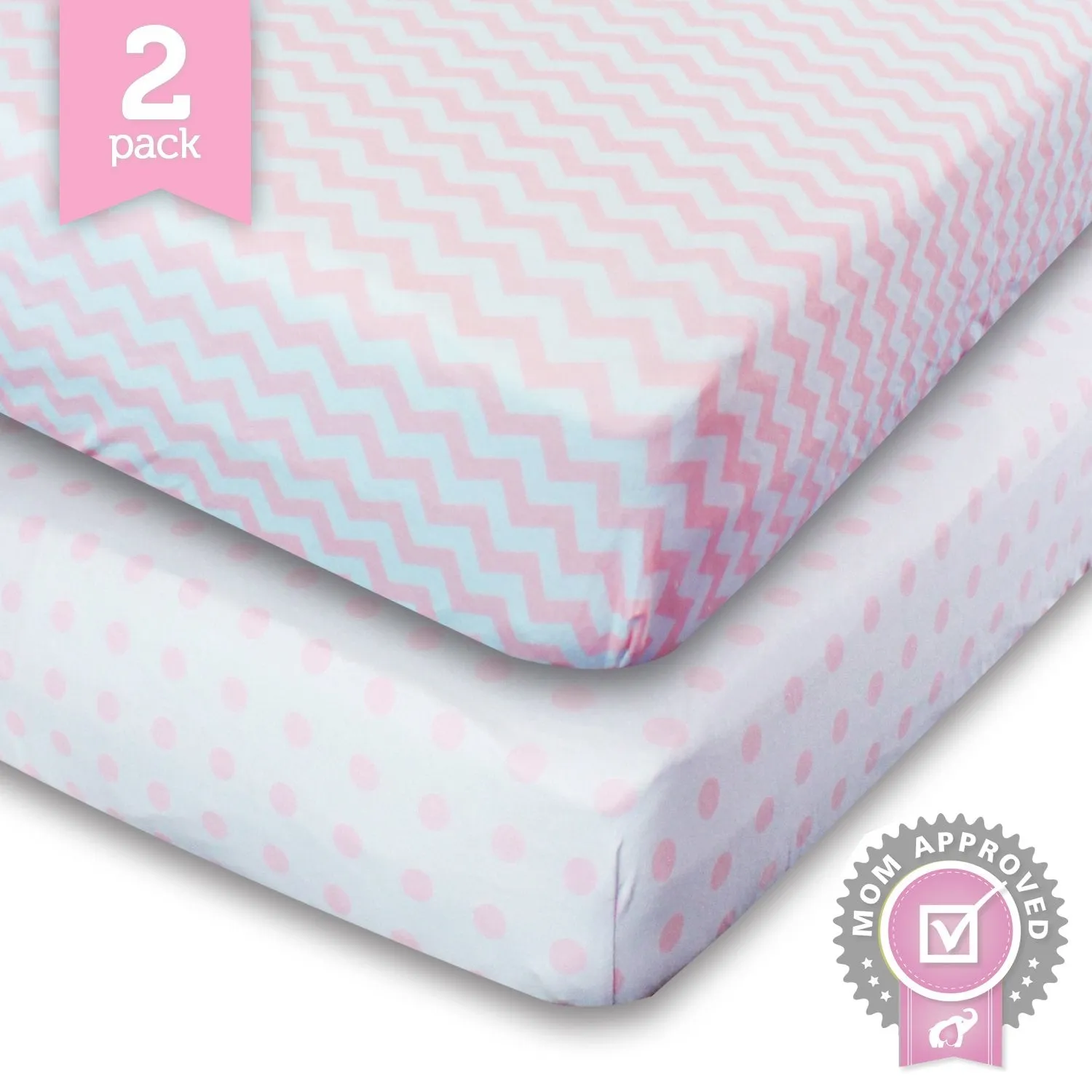 Toddler Bedding Fitted Jersey Cotton (2 Pack) Pink Polka Dot, Chevron