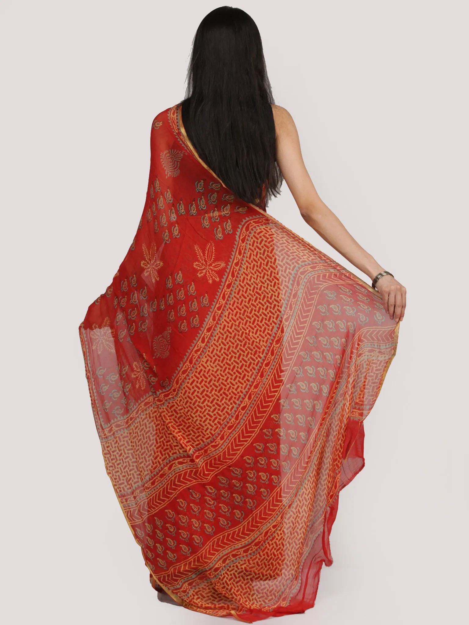 Tomato Red Green Hand Block Printed Chiffon Saree With Zari Border - S031704710