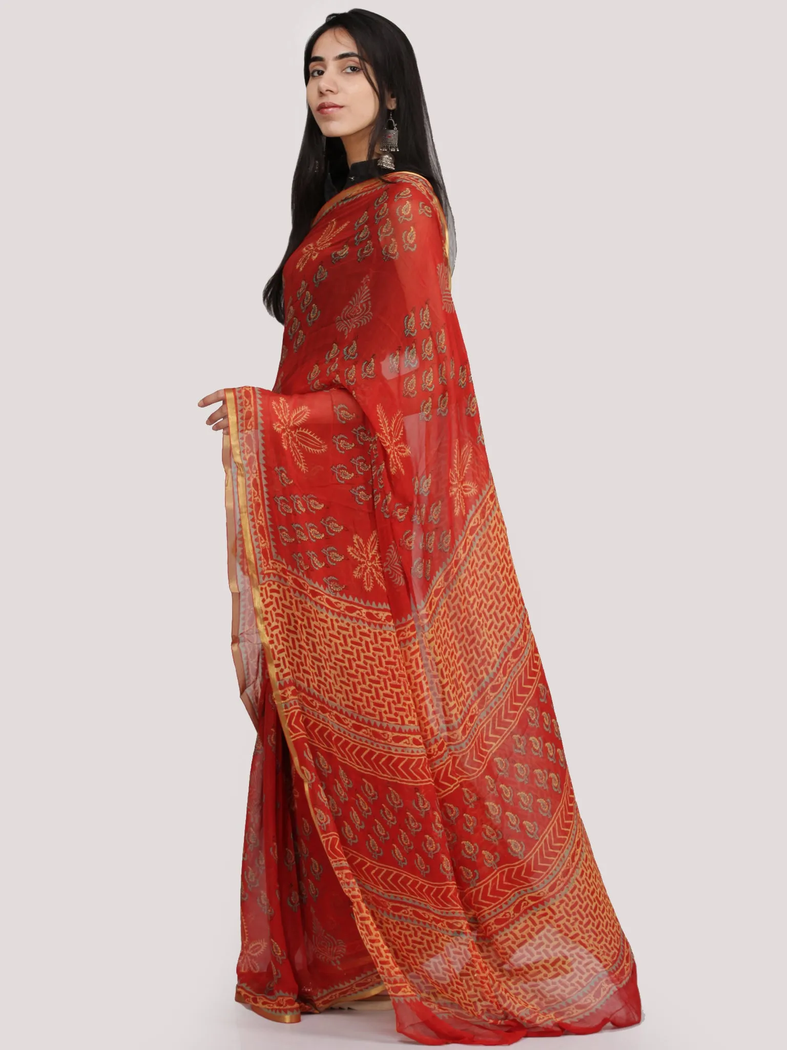 Tomato Red Green Hand Block Printed Chiffon Saree With Zari Border - S031704710