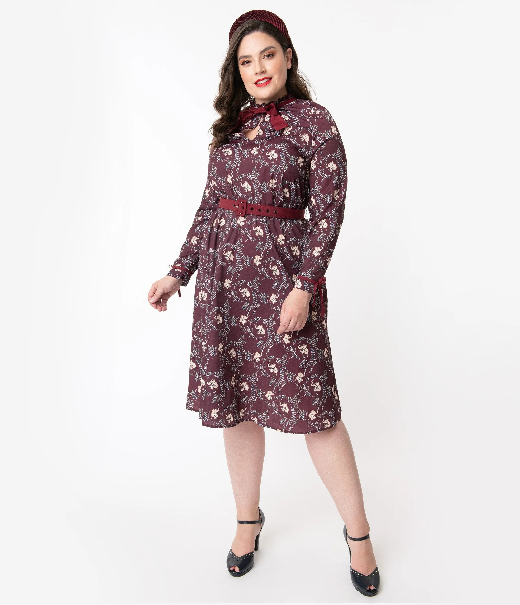 Unique Vintage Plus Size 1950s Burgundy Elephant Print Vandella Swing Dress