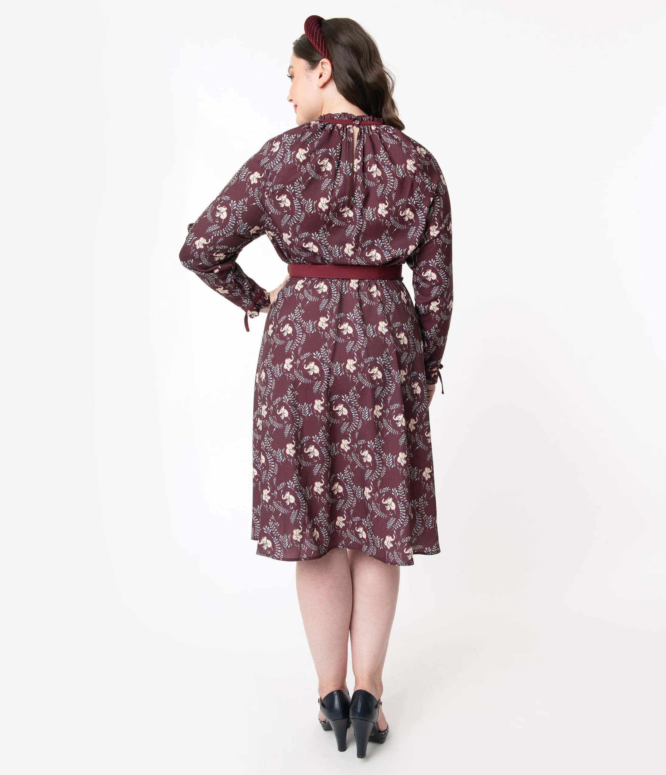 Unique Vintage Plus Size 1950s Burgundy Elephant Print Vandella Swing Dress