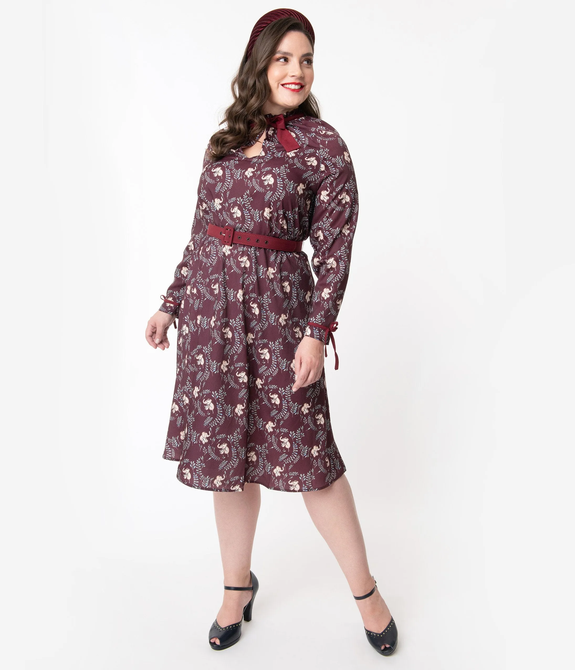 Unique Vintage Plus Size 1950s Burgundy Elephant Print Vandella Swing Dress